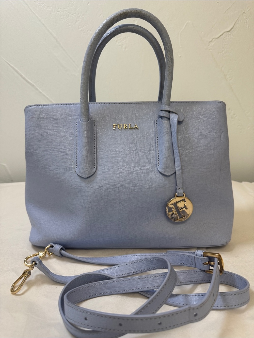 Furla Tessa Light Blue Saffiano Leather two-way Satchel with Detachable Strap